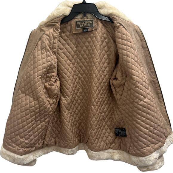 Weather Tamer VTG 90s Beige Suede Faux Fur Shearling Coat Aviator Pilot Sz Large - Picture 3 of 15